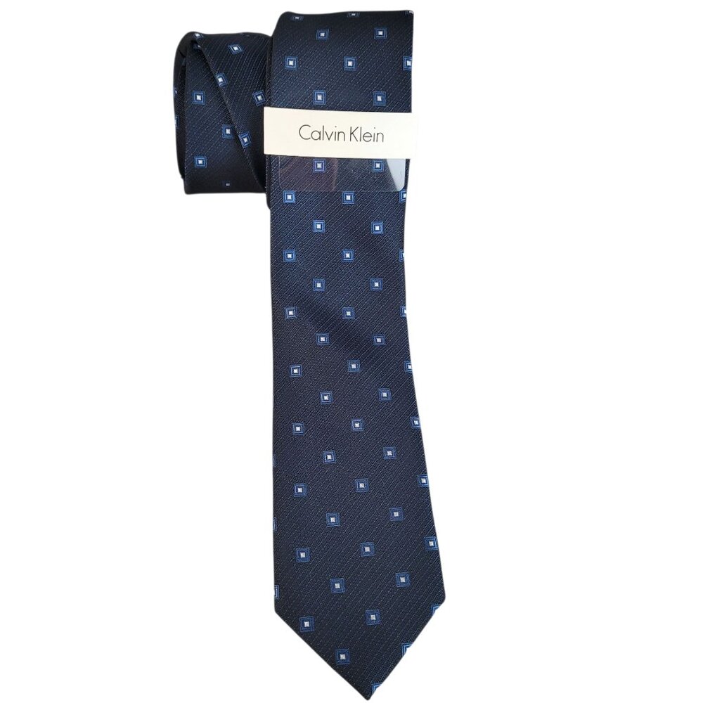 Calvin Klein Men's Tie Necktie Blue White Small Square 100% Silk Casual Career